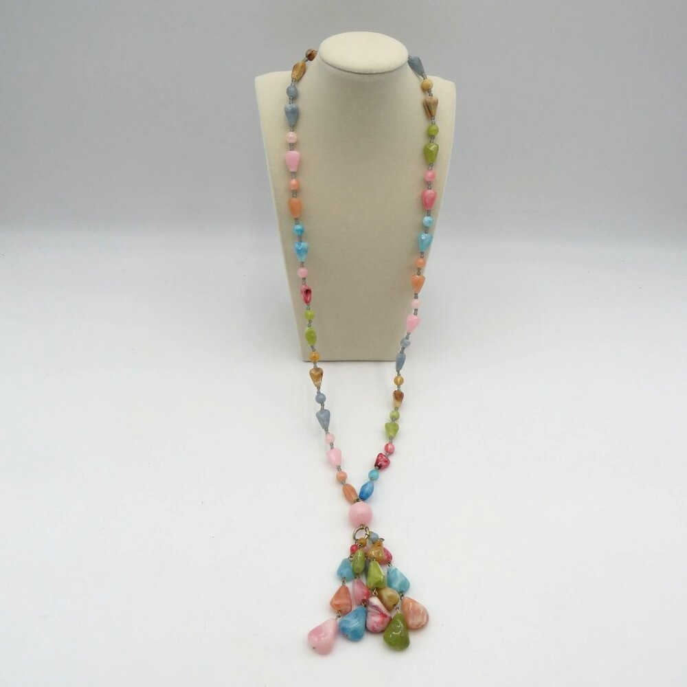 Vintage‎ Multicolor Lucite Bead Necklace 30" Dangling Beads Tassel Pendant
